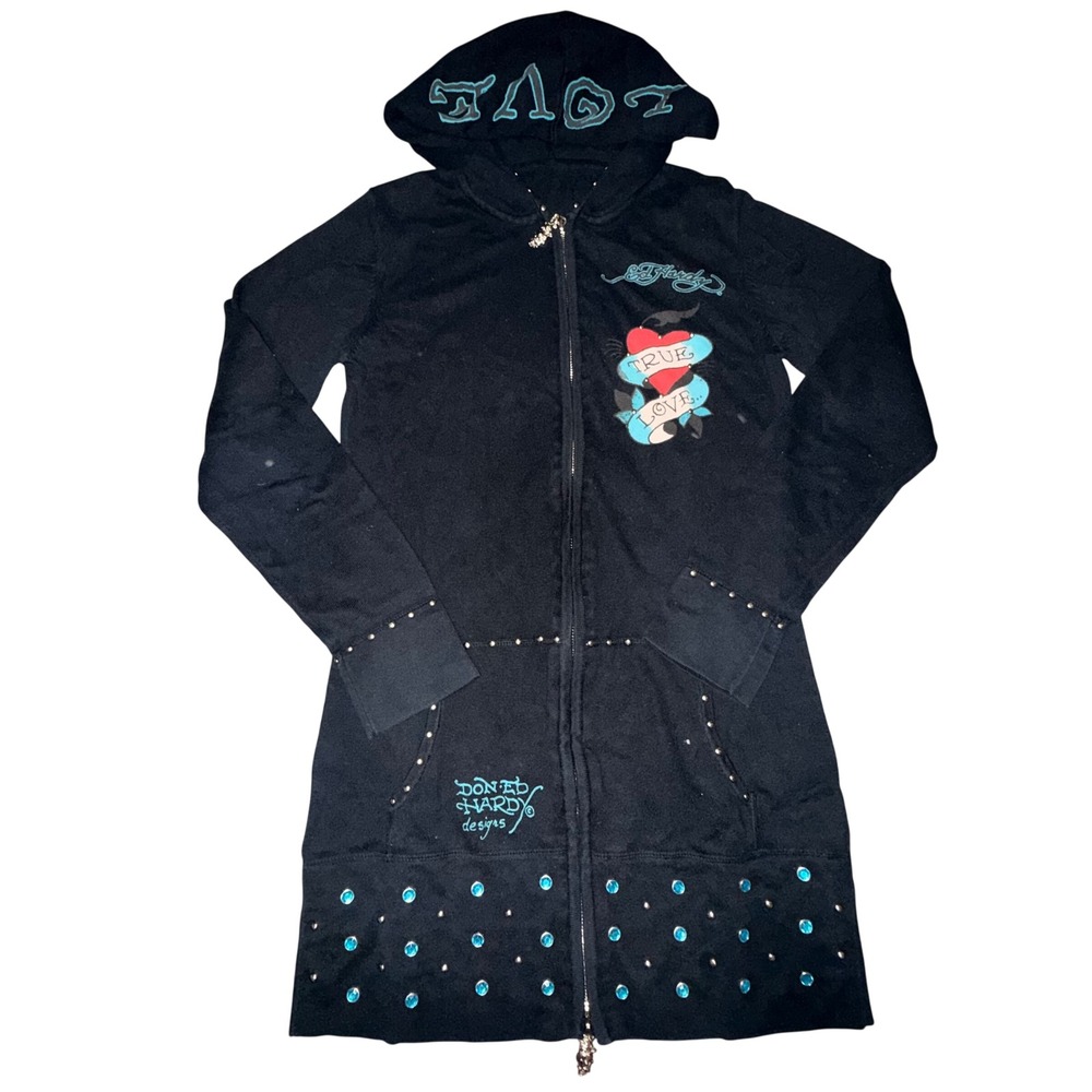 Ed Hardy Vintage Y2K Archive Zip Hoodie True Love Punk Studs Zip Up Dress Navy